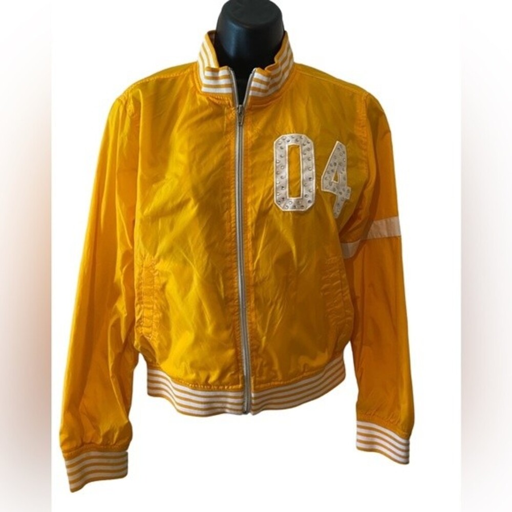 80’s Vintage juniors Varsity style crop jacket, yellow jacket, embellished Med.